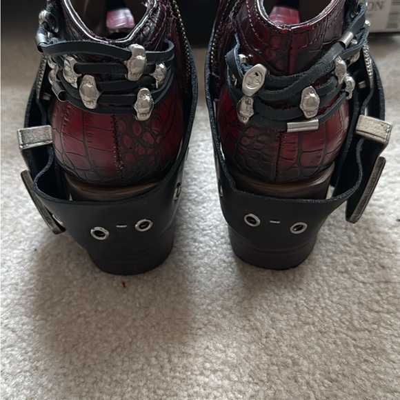 freebird Burgundy Croc-Embossed Leather Ankle Boots with Studded Buckles - Picture 4 of 8